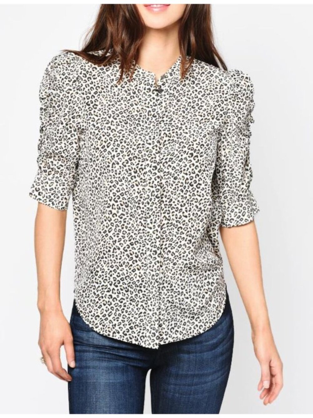 FRAME Denim 100% Silk Shirred Button Up Shirt Blouse Leopard Print XS